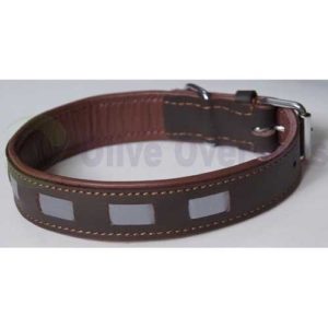 buy Dog Collars in reflective silver gray tape in medium to Large dogs with cushioned Leather pad for extra security on road of your pet in decorative motif styling for a good looking collar available in a variety of colors with negotiable moq depending upon quantum of order available online