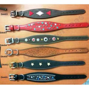 buy Genuine Leather Soft colorful Greyhound Dog Collars with crystals and other decorative motif, Quality Iron / Brass Hardware. Available in neck size 45 cm to 70 cm . Collars for medium to Large dogs with cushioned Leather pad, Extra Comfort for your Pet, Decorative motif styling for a good looking collar, available in a variety of colors with negotiable moq depending upon quantum of order available for sale online