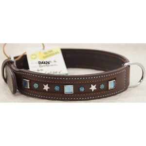 buy genuine leather pet collar with turquoise crystal motif and star combination for a unique look in a dog collar Style # DA426