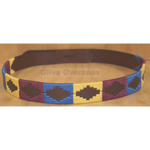 buy genuine leather polo design belts in multi-color thread weave with unique combination of shades in 3 mm gauge buffalo oiled leather in waist size from prong 100 cm to 115 cm hand crafted with good quality zinc brass buckles available in a variety of metal finishes product branding available online